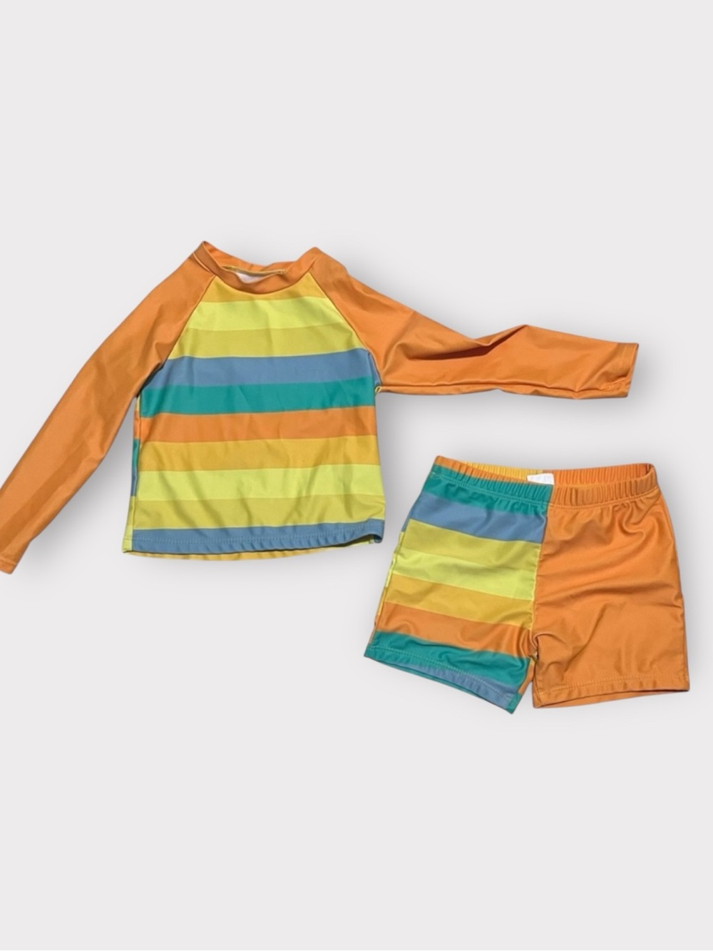 SHEIN 2-3Y Orange Rainbow Rashguard Swim Set Retro Stripe EUC
